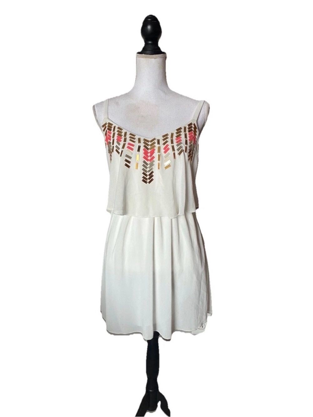 Sequin Hearts Ivory Mini Dress with Metallic & Coral Accents
